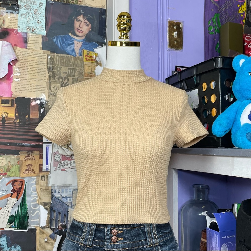 Beige Ribbed Mock Neck Top
